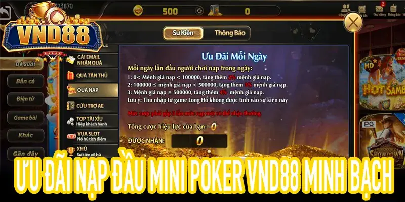 Ưu đãi Mini Poker VND88 cho tân thủ với mức thưởng minh bạch